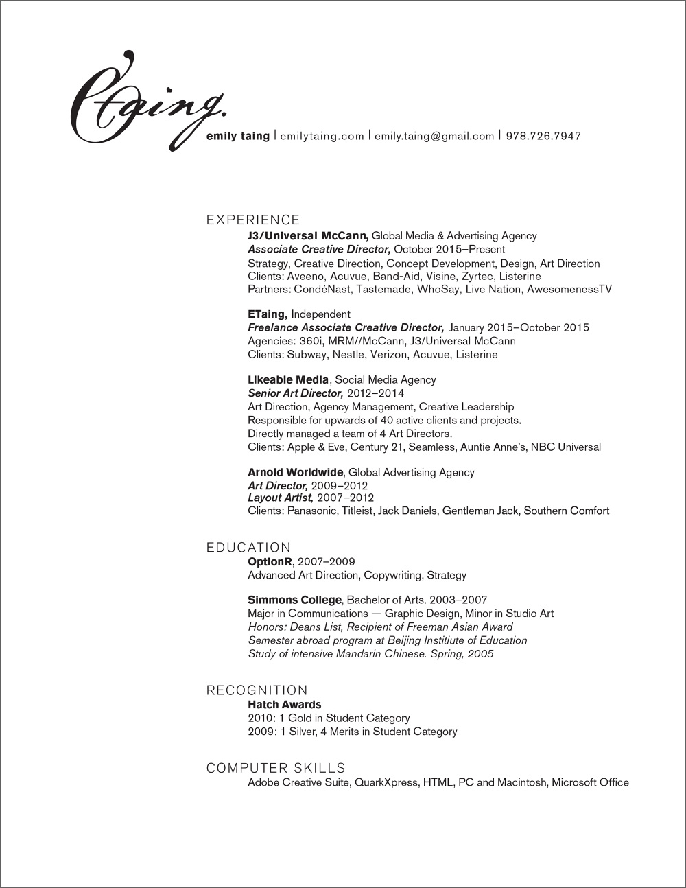 resume contact etaing award winning art director for hire